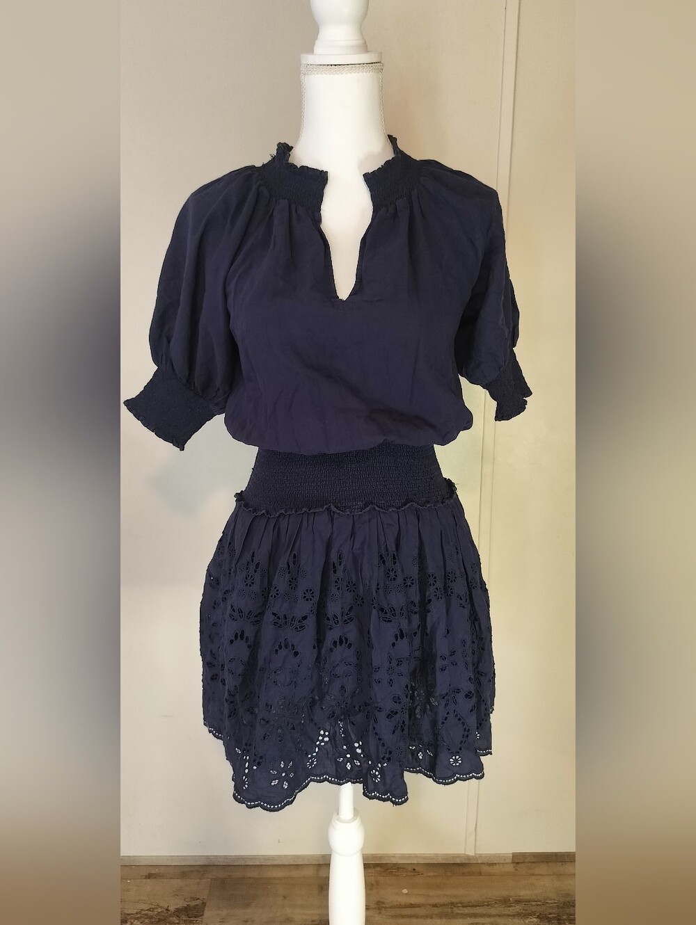 Roller Rabbit Navy Eyelet Smocked Mini Skirt